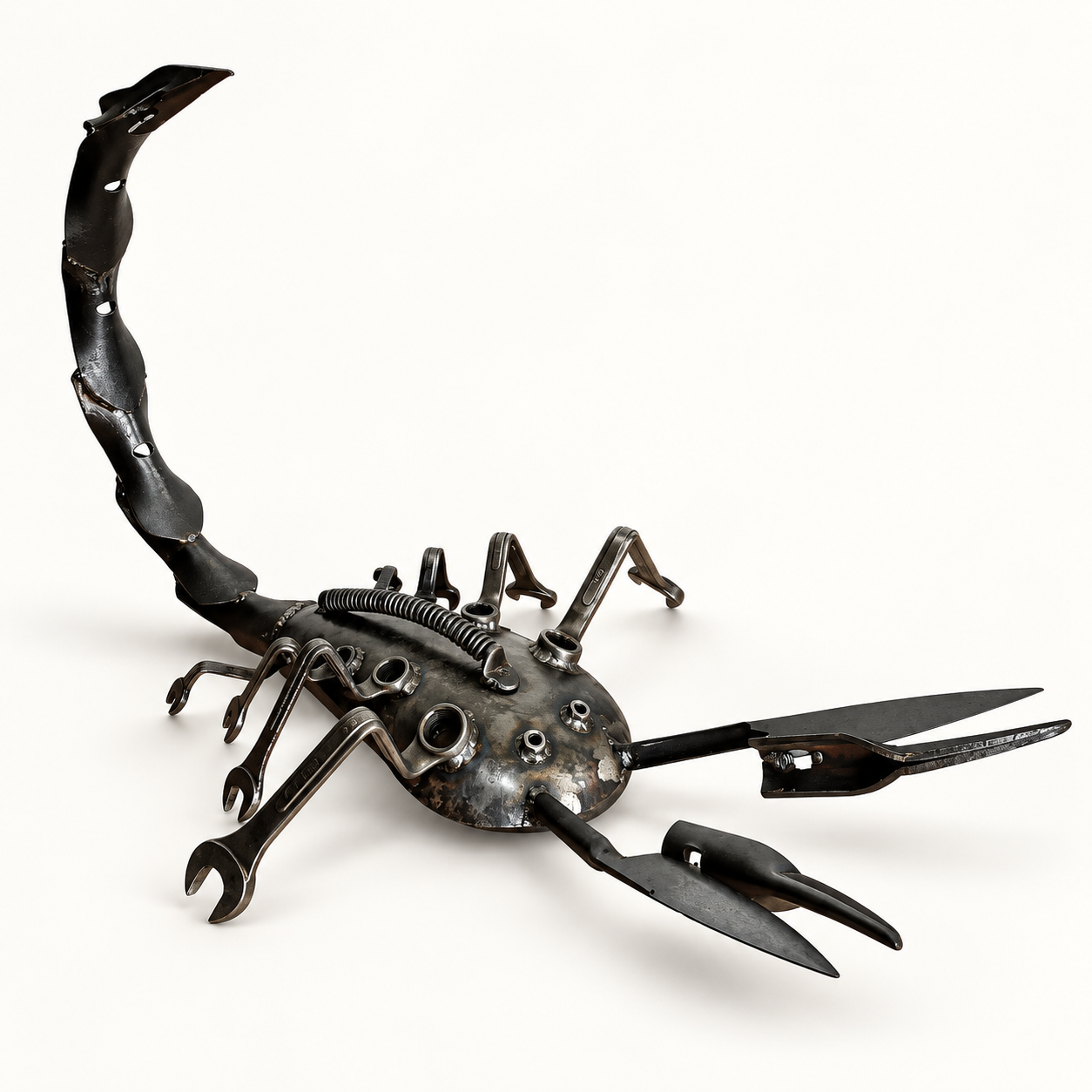 Scorpion sculpture made from reclaimed steel tools and mechanical parts